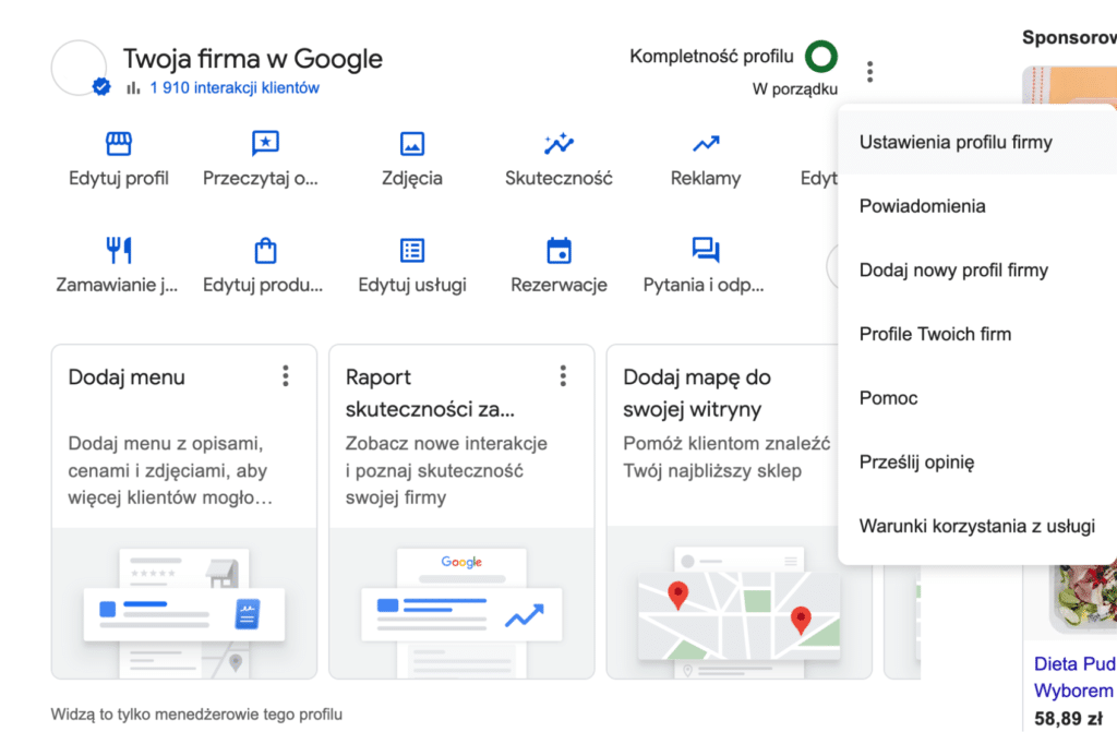 Z poziomu przeglądarki kliknij ikonę z trzema kropkami, aby otworzyć menu, a następnie wybierz opcję Ustawienia profilu firmy.