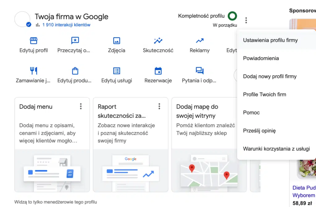 Z poziomu przeglądarki kliknij ikonę z trzema kropkami, aby otworzyć menu, a następnie wybierz opcję Ustawienia profilu firmy.