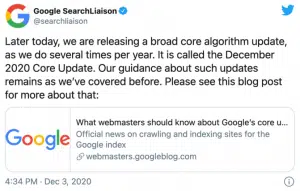 Pierwsza informacja o grudniowej aktualizacji algorytmu Google (źródło: twitter)