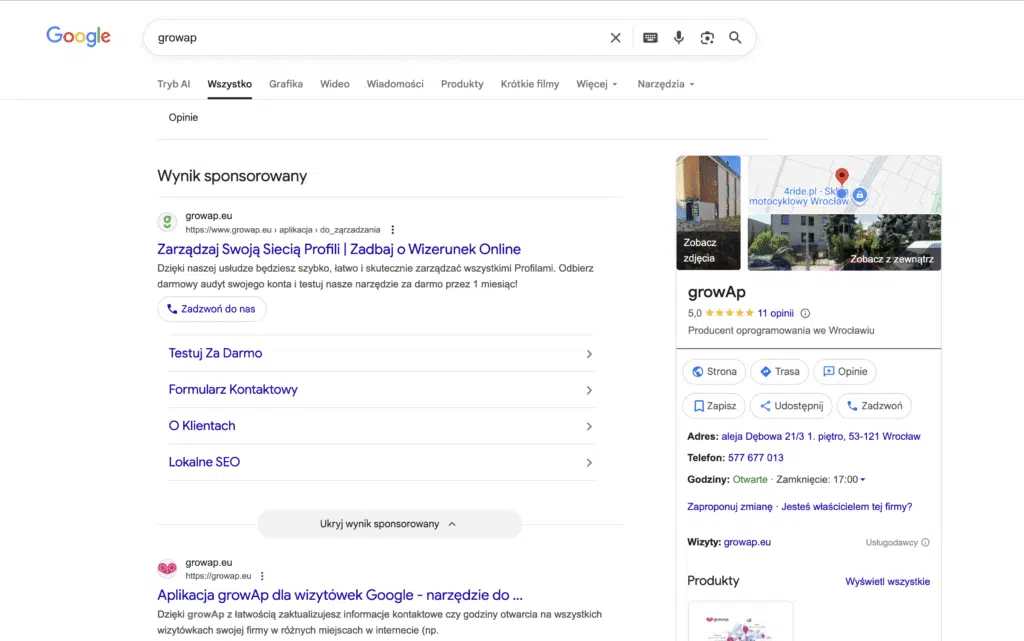 Wyszukiwanie Profilu Firmy w Google w wyszukiwarce - wpisujemy nazwę firmy w pasku wyszukiwania Zarządzanie opiniami na wizytówkach Google - jak odpowiadać i pozyskiwać recenzje klientów na Profil Firmowy? Poradnik! | Blog Greenfields