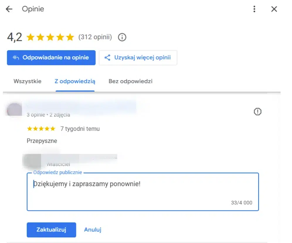 Dodawanie opinii w sekcji Opinie, opcja "Odpowiedz"