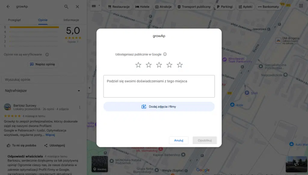 Dodawanie opinii z poziomu profilu firmowego na Mapie Google