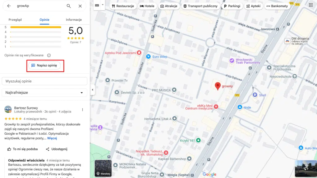 Dodawanie recenzji na Profilu Firmy w Google poprzez wyszukanie firmy na Google Maps