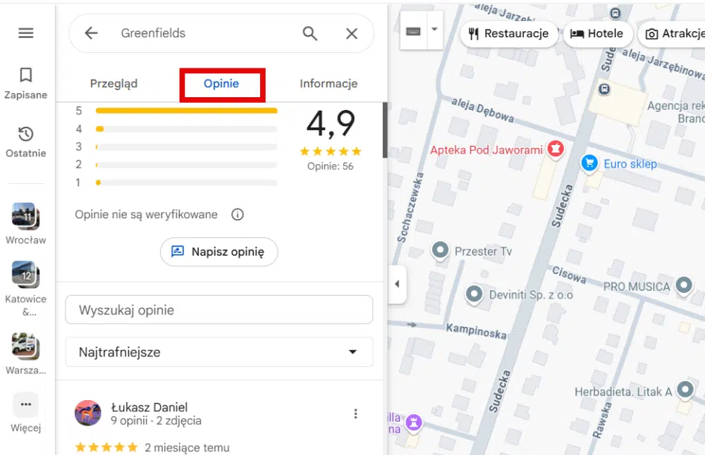 Zakładka opinii na mapie Google i profilu firmowym Google - Zarządzanie opiniami na wizytówkach Google - jak odpowiadać i pozyskiwać recenzje klientów na Profil Firmowy? Poradnik! | Blog Greenfields