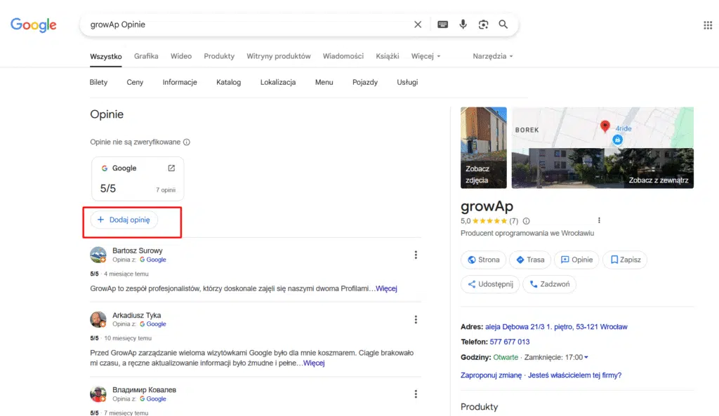 Sekcja z opiniami na wizytówce Google wyświetlanej w wyszukiwarce