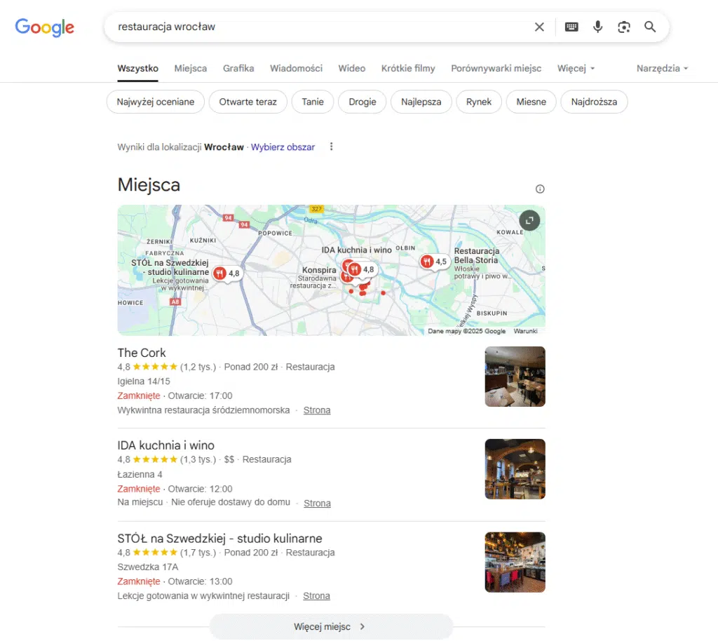Wyniki SERP wizytówek z frazą "restauracja Wrocław" - Zarządzanie opiniami na wizytówkach Google - jak odpowiadać i pozyskiwać recenzje klientów na Profil Firmowy? Poradnik! | Blog Greenfields