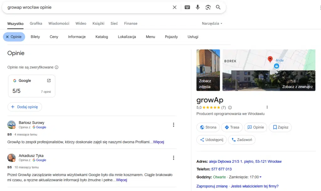 Sekcja opinii z poziomu wyszukiwarki - Zarządzanie opiniami na wizytówkach Google - jak odpowiadać i pozyskiwać recenzje klientów na Profil Firmowy? Poradnik! | Blog Greenfields
