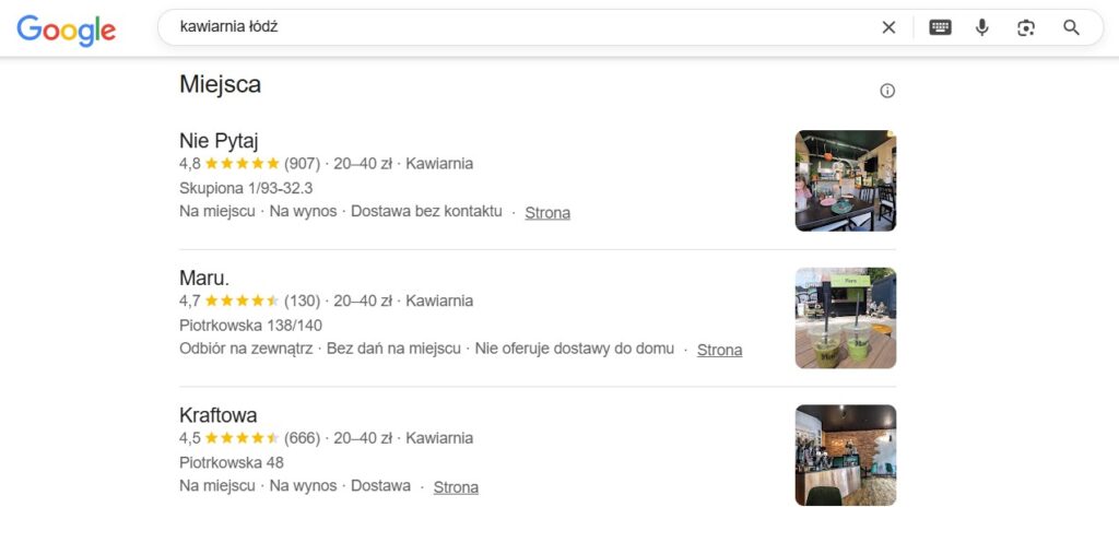 Wizytówki Google w sekcji Miejsca/Firmy w wynikach wyszukiwania