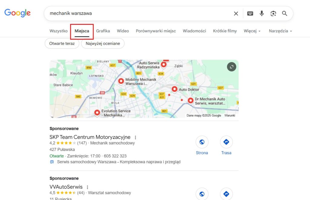 Profile Firmy w zakładce Miejsca w wyszukiwarce Google