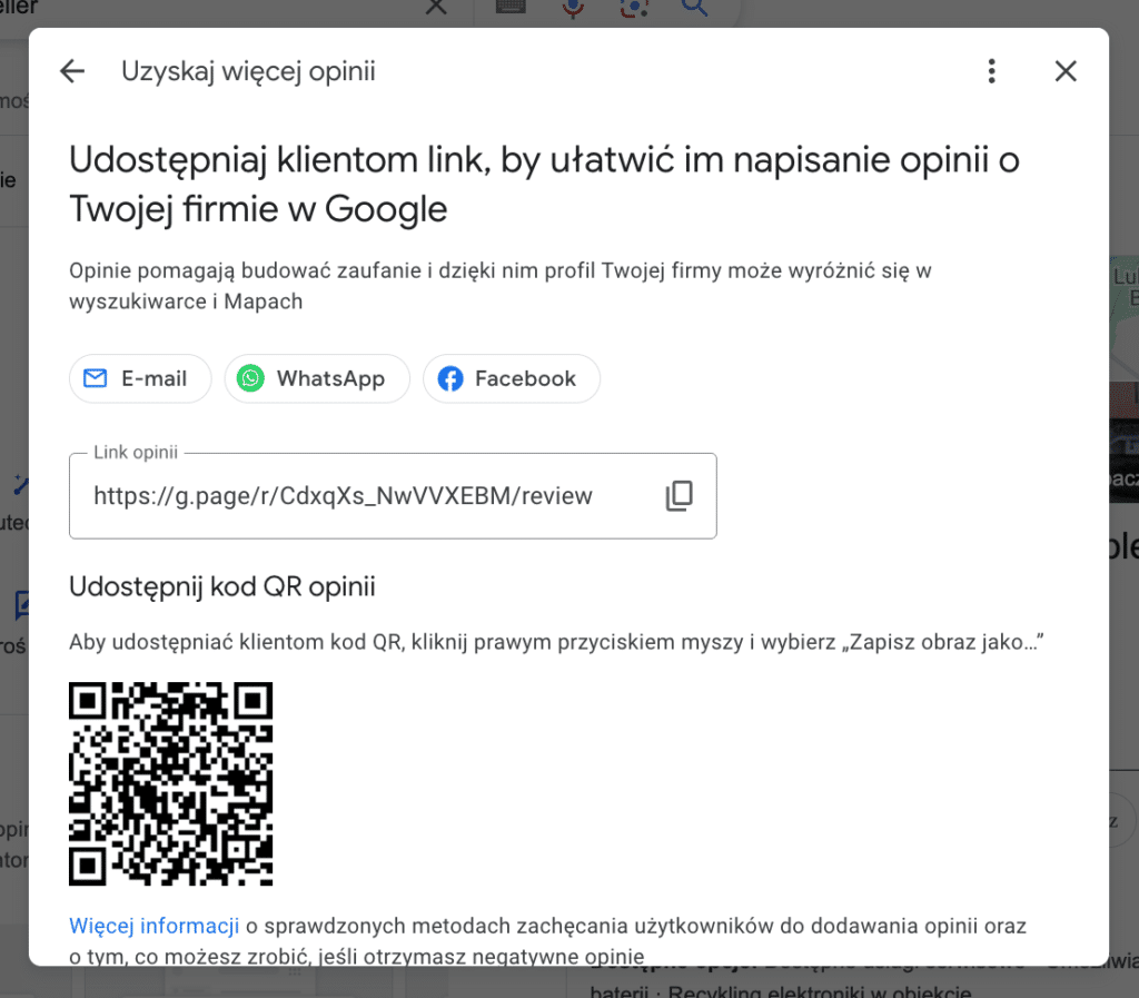 generowanie linka do opinii Google z QR kodem