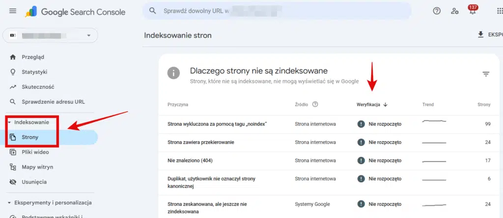 sprawdzanie stanu zaindeksowania strony w GSC