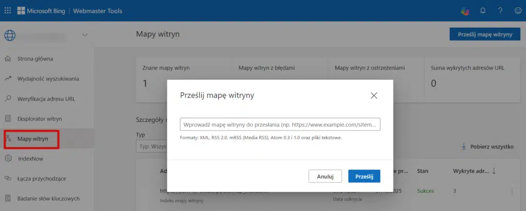 sitemapa w Bing Webmaster Tools
