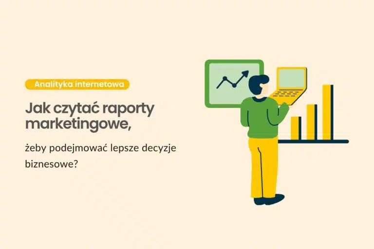 Mężczyzna z laptopem na tle wykres&oacute;w, grafika do artykułu o czytaniu raport&oacute;w marketingowych